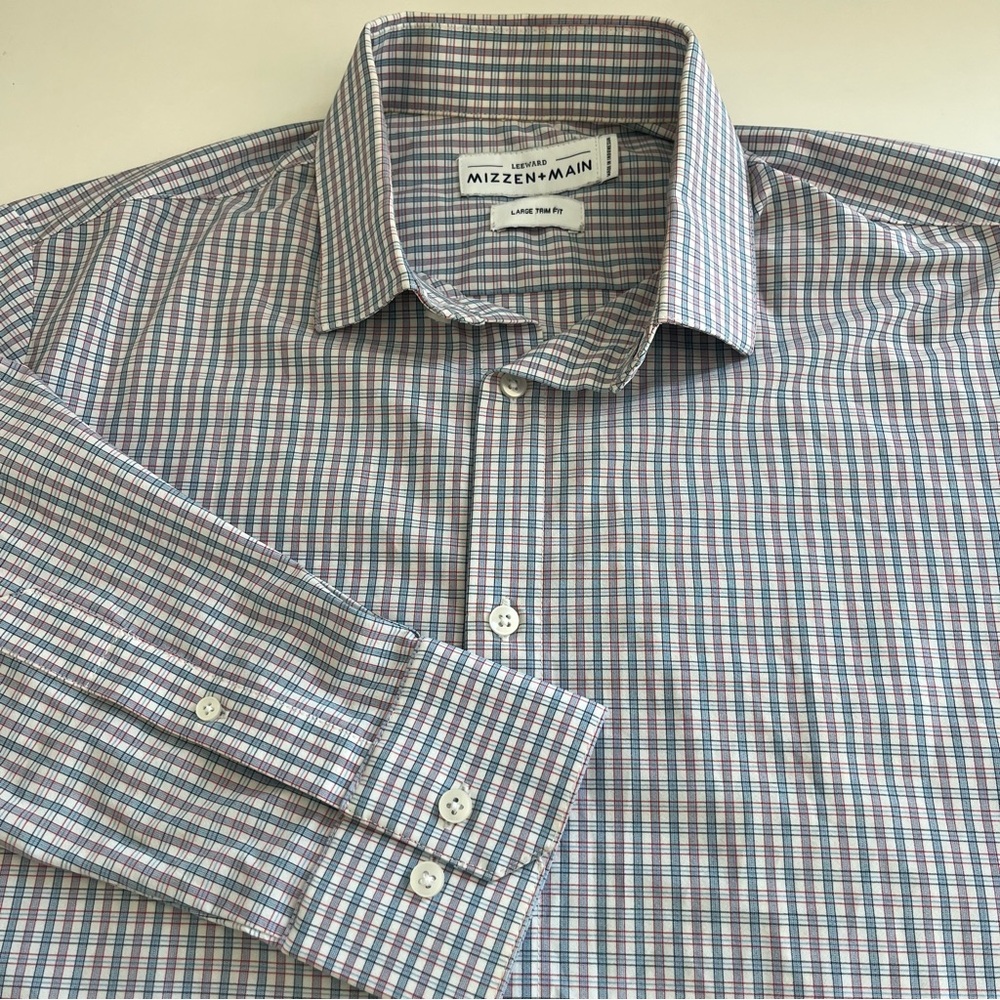 Mizzen + Main Mens Leeward Trim Fit Red Blue Check Long Sleeve Button Down large